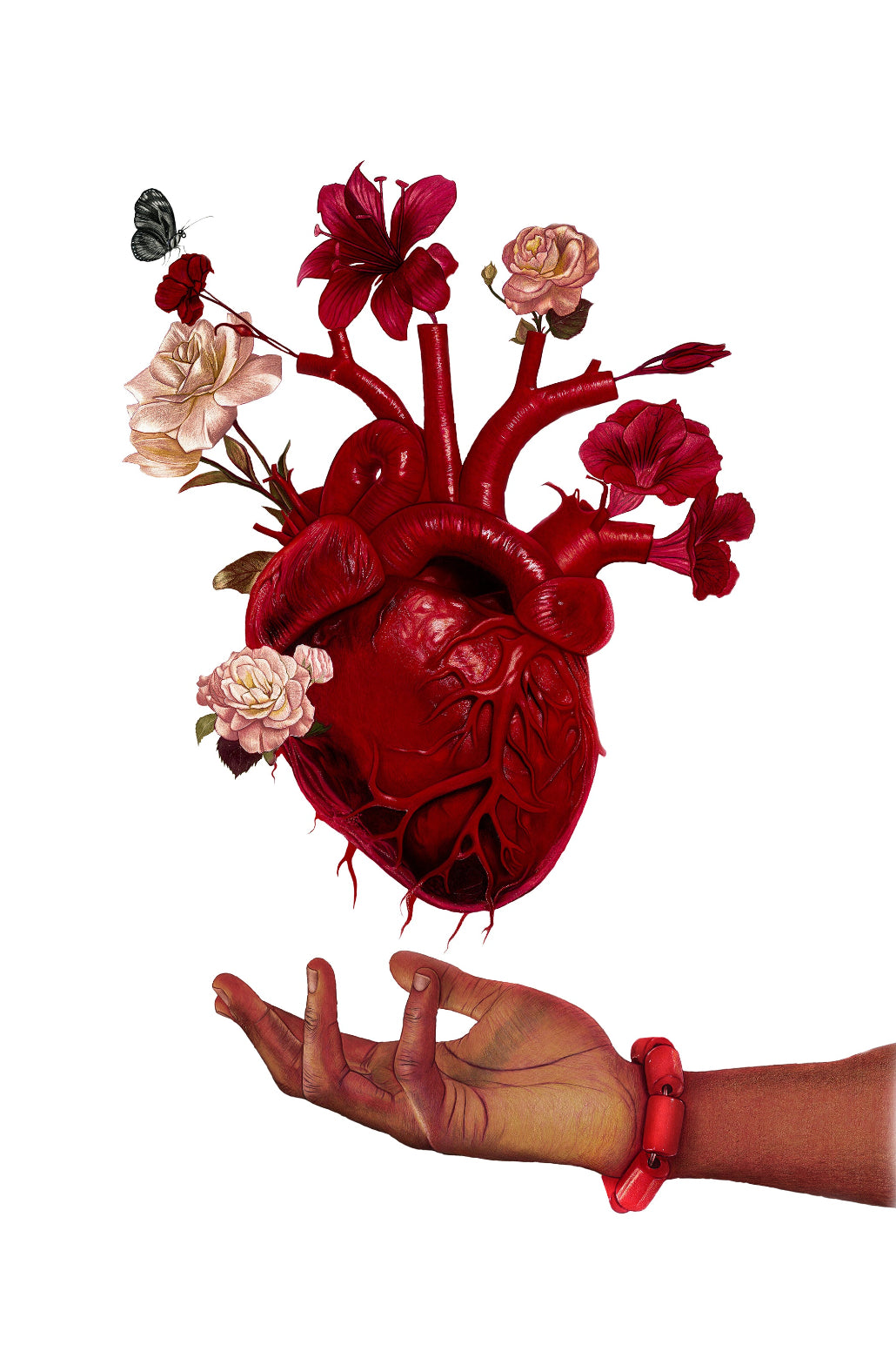 Artistic depiction of a red anatomical heart with flowers and a hand holding it on a white background